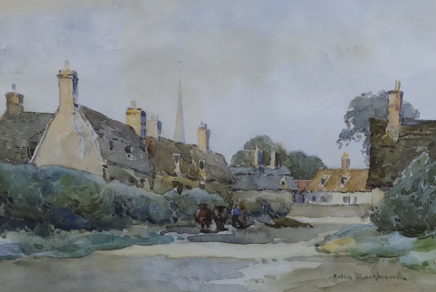 F. Walters, oil on canvas, Seascape, signed, 20 x 40cm, a watercolour of fisherfolk on the shore by H. Walter, 21 x 27cm, an Italian lake scene and an aquatint beach scene